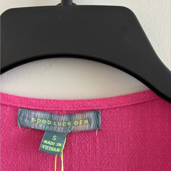 Good Luck Gem Dress Mini Pink Linen Button Flutter Sleeve Womens S Boho NWT - Picture 5 of 11